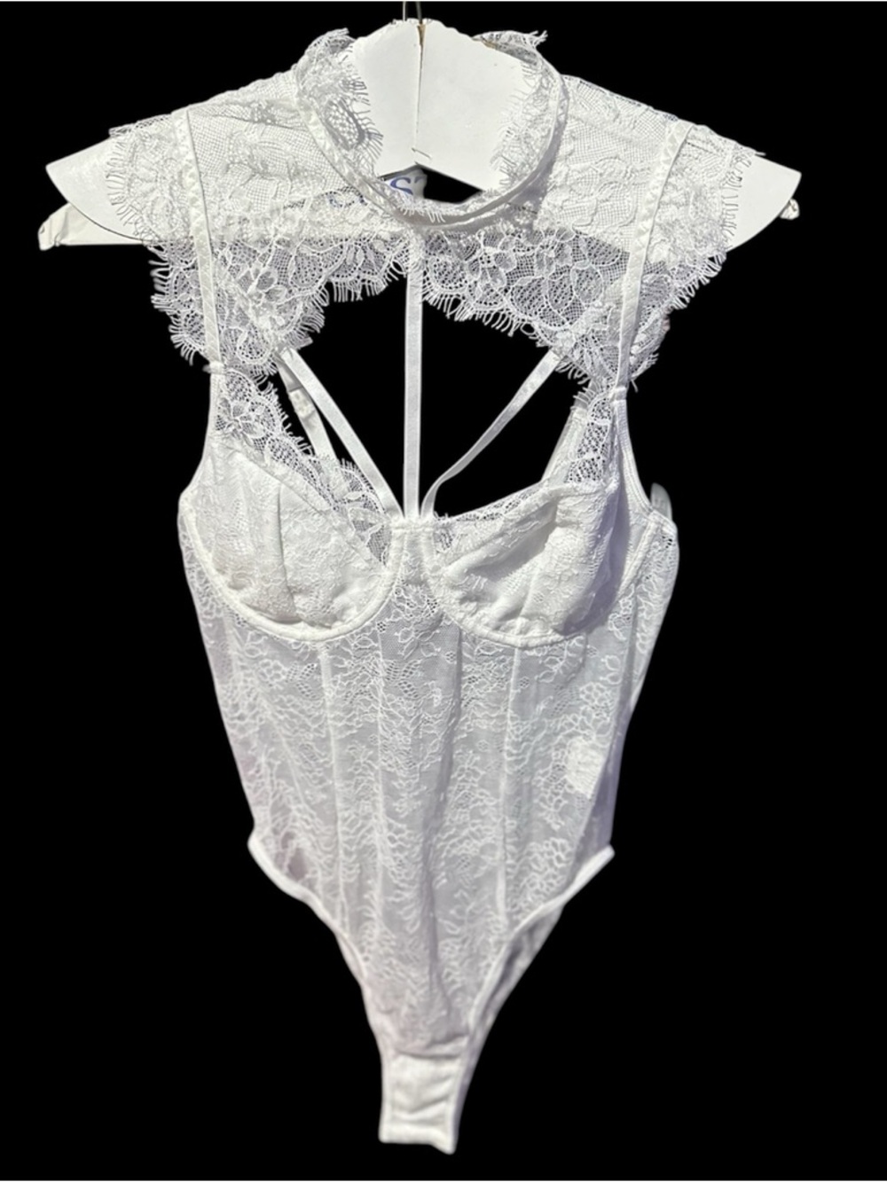 SHEIN White Lace Mesh Bodysuit with High Neck